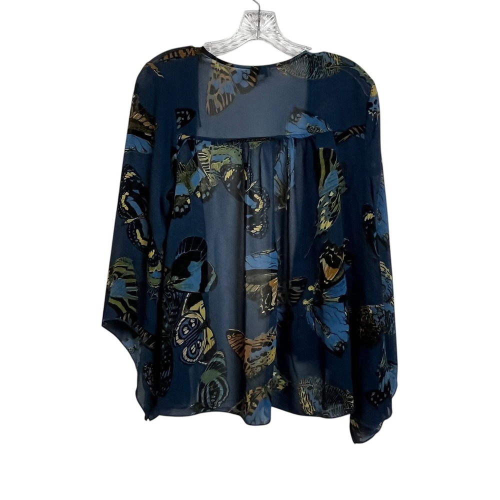 One World Blue Butterfly Print Sheer Open Front Kimono Cardigan‎ Swim Cover Med - Picture 7 of 7